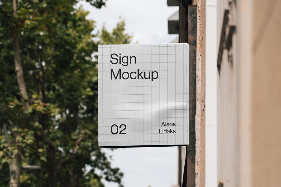 Outdoor wall-mounted sign with grid pattern displaying Sign Mockup 02