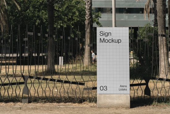 Outdoor sign mockup in urban park setting for showcasing design work, ideal for graphic designers and branding projects.