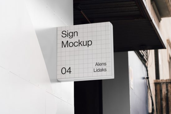 Modern outdoor sign mockup hanging on building corner, clean design, for branding presentation, graphic designers.