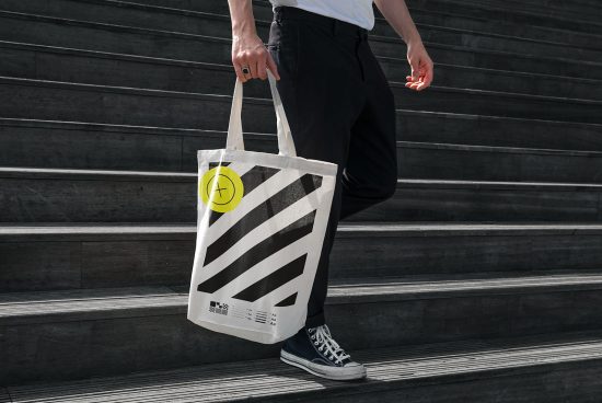 Person holding a tote bag mockup with graphic design on stairs, ideal for showcasing branding designs to clients.
