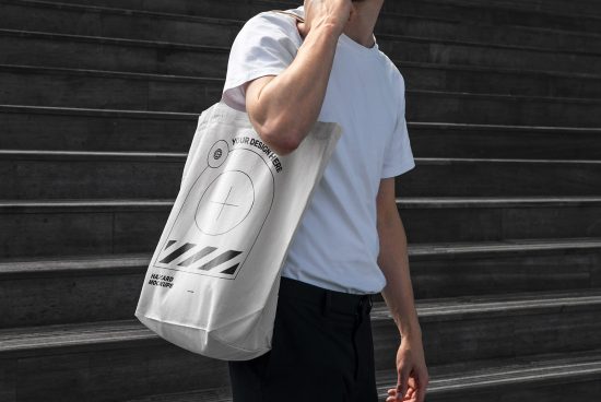 Man in white t-shirt carrying tote bag mockup, urban mockups, stylish streetwear design presentation, designer assets.