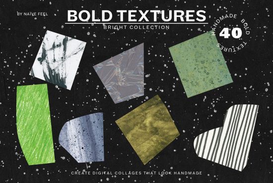 Collection of bold textures for design mockups, featuring handcrafted paper cutouts in various colors and patterns on a textured black background.