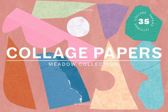 Graphic design collage papers collection with vibrant colors and textures for design mockups and creative templates.