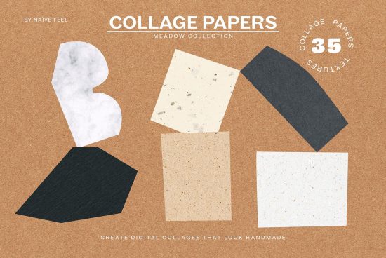 Collage papers from Meadow Collection showcasing cutout shapes and textures for digital collage designs, ideal for mockups and graphic elements.