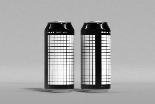 Two black and white grid pattern drink can mockups on neutral background, sleek design, product packaging, ideal for presentations.