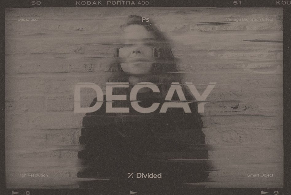Decay Photoshop mockup with vintage distortion effect on portrait