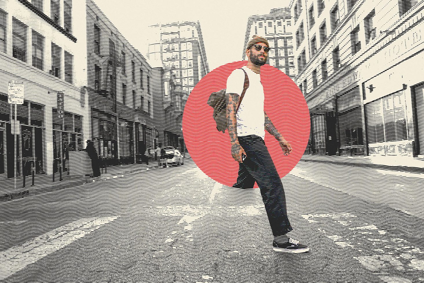 Urban man with graphic design effect on cityscape background, for creative templates and modern mockups.