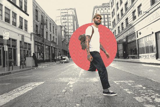 Urban man with graphic design effect on cityscape background, for creative templates and modern mockups.