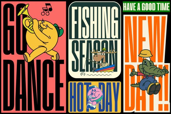 Vintage style poster graphics with cartoon animals, vibrant colors for retro template design, music, fishing, and leisure themes.