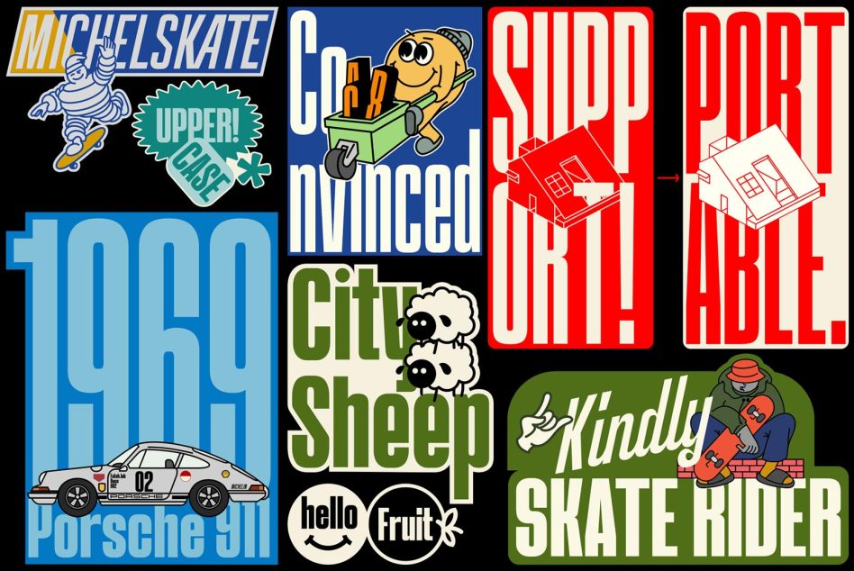 Retro vintage logos with skateboards, cars, construction characters, sheep