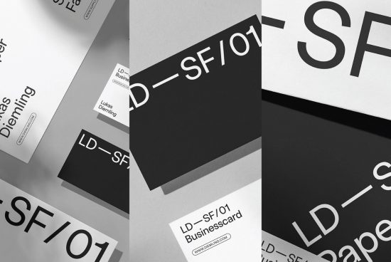 Modern business card mockup collection in various angles, showcasing clean design with black and white color scheme for branding and identity projects.