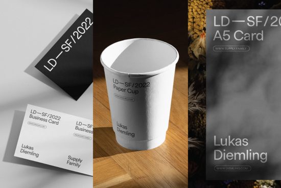 Professional mockup collection featuring business card, paper cup, and A5 card with minimalist branding, ideal for designers to showcase work.