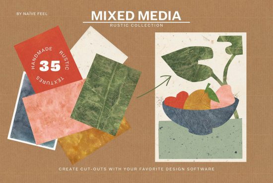 Mixed media rustic collection digital asset, collage cut-outs, textured paper graphics, design resources for creative projects.