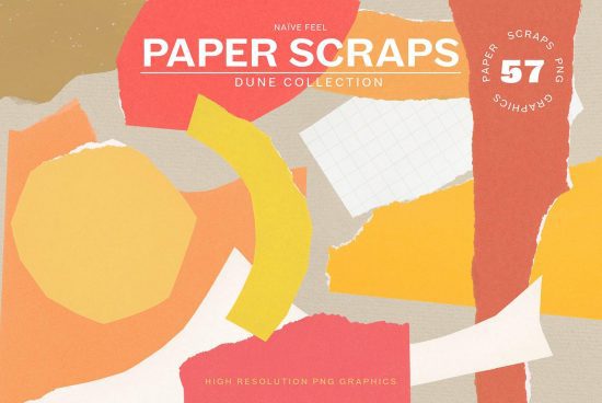 Collage of colorful paper scraps with text Paper Scraps Dune Collection, ideal for mockup background, high-resolution PNG graphics for designers.