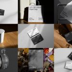 Collage of brand stationery mockups including business cards, paper bags, posters, tape, and cups in elegant settings for graphic design.