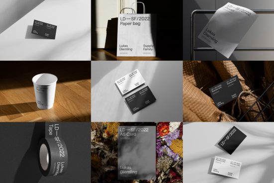 Collage of brand stationery mockups including business cards, paper bags, posters, tape, and cups in elegant settings for graphic design.