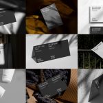 Elegant branding mockups collection featuring business cards, paper bag, and cup for design presentation, suitable for designers' marketplace.