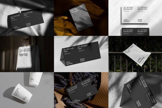 Elegant branding mockups collection featuring business cards, paper bag, and cup for design presentation, suitable for designers' marketplace.