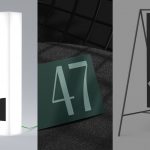 Set of three mockup designs showcasing abstract graphics on a book, card, and sandwich board for template display.
