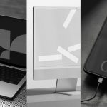 Tech device mockup trio for laptop, monitor, and smartphone showcasing blank screens for design templates, ideal for presenting digital designs.