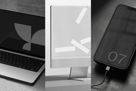 Tech device mockup trio for laptop, monitor, and smartphone showcasing blank screens for design templates, ideal for presenting digital designs.