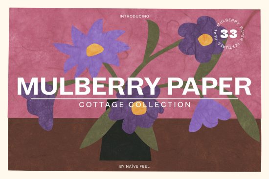 ALT: Floral graphic design with textured background on Mulberry Paper advertisement featuring purple and green cut-out style flowers for design template.
