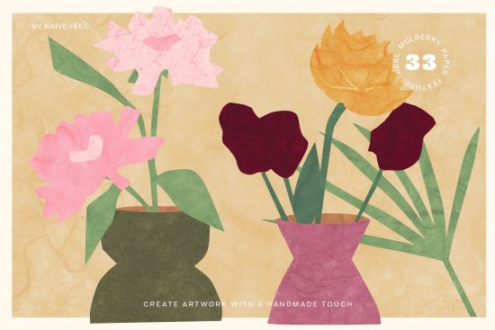 Vintage floral paper cut-out design template with textured mulberry paper effect, ideal for graphics and mockups, handmade artistic vibe.