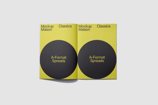 Yellow book mockup with modern black circle design open on A-format spreads suitable for graphic presentation and portfolio display.