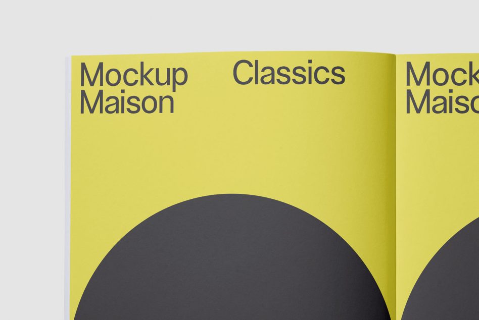 Yellow magazine mockup cover with bold typography on a neutral background, showing design, layout, and font showcase for creatives.