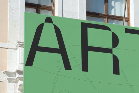 Bold black font 'ART' on green billboard mockup with building backdrop, ideal for graphic design display and advertising templates.