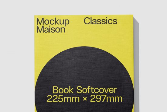 Elegant book cover mockup in yellow and black, showcasing modern design for Mockups category, ideal for designers to display cover art.