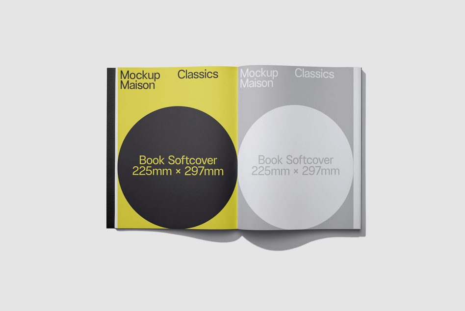 Yellow and white book softcover mockup with realistic shadows for design presentation, labeled sizes, on a plain background. Perfect for graphic designers.