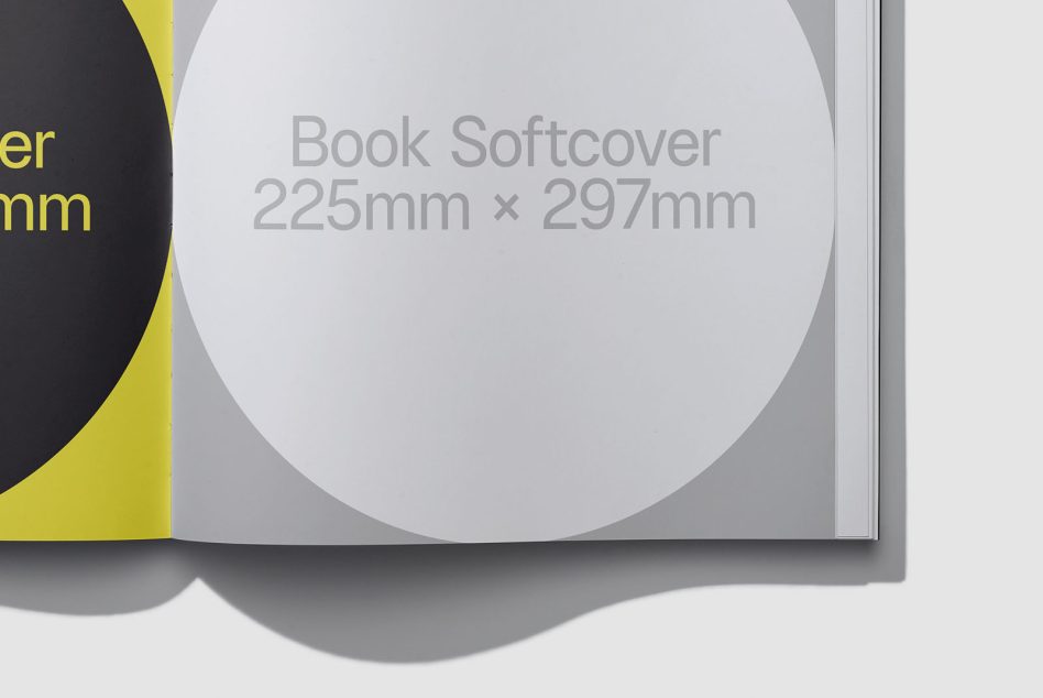 Book mockup with softcover, partial view showing cover size dimensions 225mm x 297mm on a white background, ideal for presenting book designs.