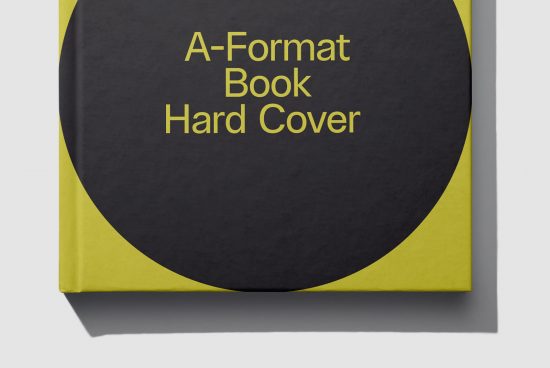 Yellow and black A-Format hardcover book mockup on white background, with shadow, for graphic design and publishing.