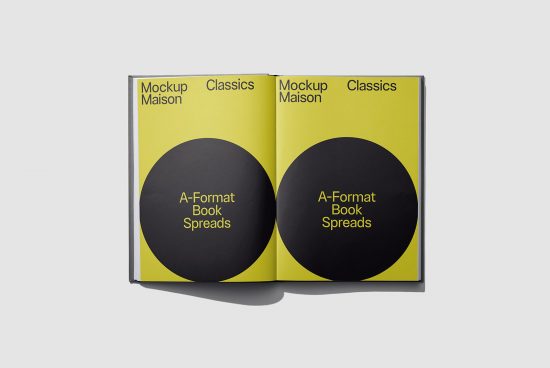 Elegant open book mockup with yellow and black design, showcasing A-format book spreads, perfect for designers to present their work.