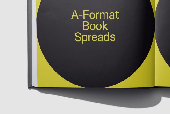 Elegant A-Format book spread mockup with yellow and black design template, perfect for presentation, portfolio, designers showcase.