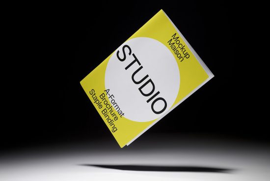 Floating yellow brochure mockup with shadow for A-format design presentations, graphic designers, digital studio portfolio templates.
