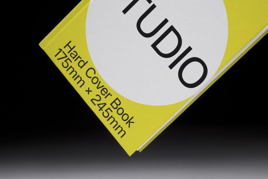 Close-up of yellow hardcover book mockup with white label, angled on a dark background for graphic design presentations.