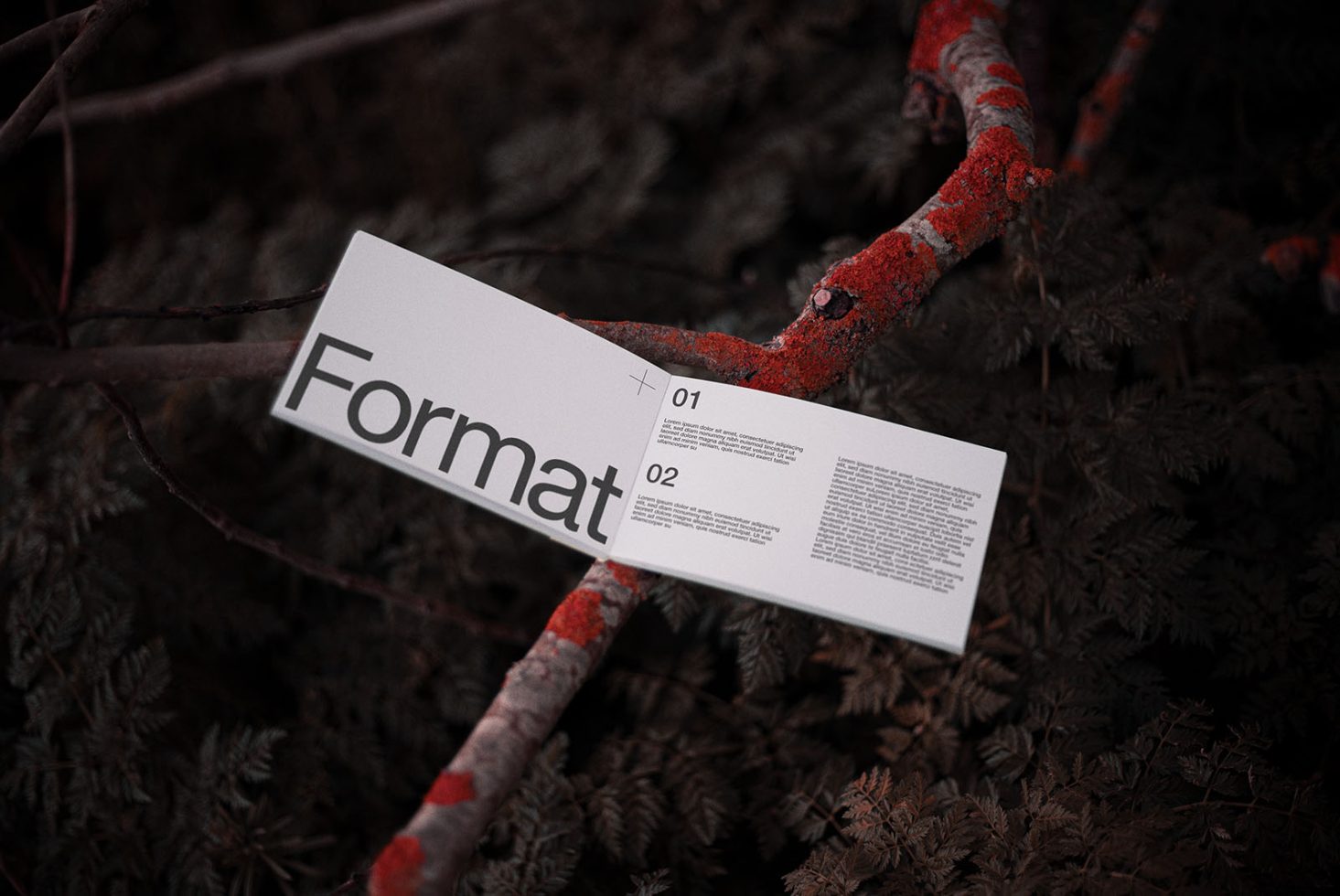 Printed paper mockup with text "Format" on a natural background with red-painted branches, suitable for design presentation.