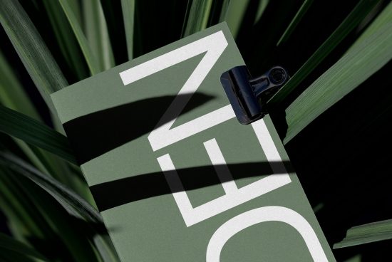 Green book mockup with abstract cover design clipped to tropical palm leaves in sunlight, ideal for graphic presentations and eco branding.