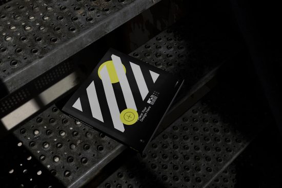 Book mockup on industrial metal stairs in shadow, showing modern cover design with geometric shapes, ideal for presentation in graphic design portfolio.