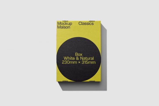 Yellow packaging box mockup with black circle design, modern product display for designers, realistic shadows, editable template graphic.