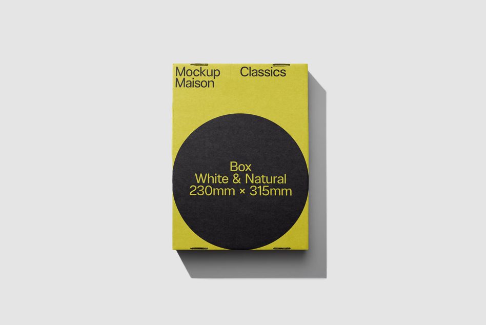 Yellow packaging box mockup with black circle design, modern product display for designers, realistic shadows, editable template graphic.