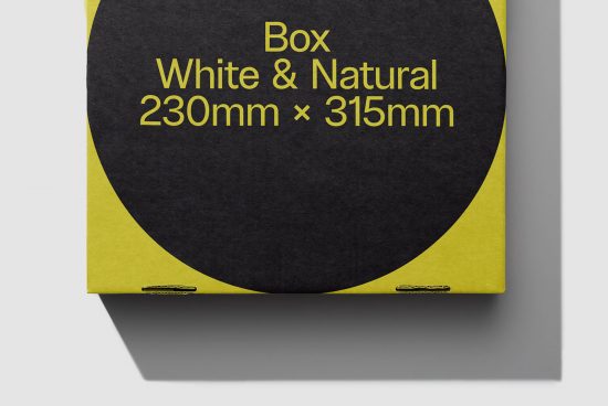 Black and yellow product box packaging mockup with minimalist design, top view, 230mm x 315mm dimensions for graphic design assets.