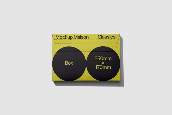 Yellow packaging box mockup design with black circular elements and dimensions displayed, ideal for product mockups, graphic design.