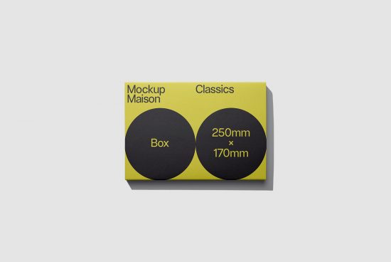 Product box mockup on white background with yellow and black color scheme, indicating dimensions 250mm x 170mm, suitable for graphic design.