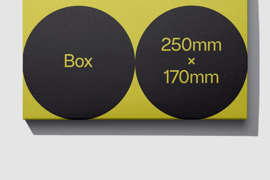 Packaging mockup with yellow and black color scheme showing dimensions, ideal for product presentation and design showcase.