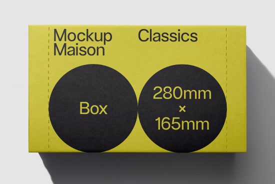 Yellow and black product package mockup with dimensions labeled, for designers looking to showcase packaging designs on a digital marketplace.
