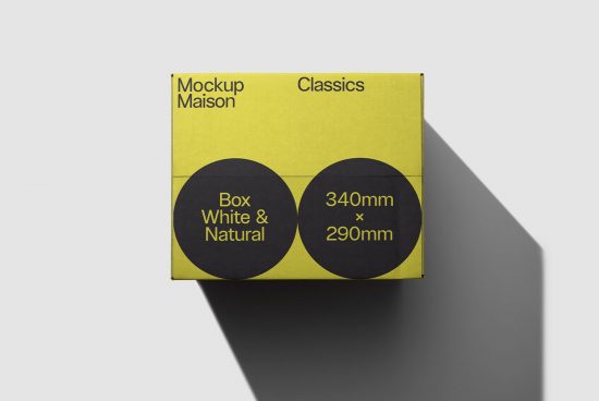 Yellow box packaging mockup with shadow, design presentation, branding, Mockup Maison Classics, 340x290mm box size for graphic designers.