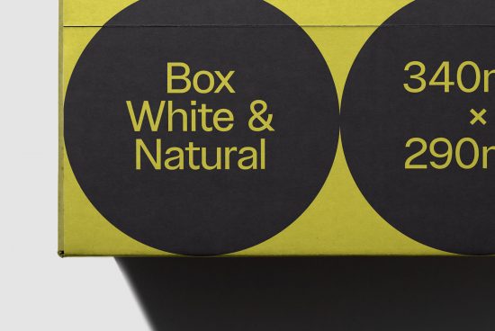 Graphic design mockup of a yellow and black product box with bold typography showcasing dimensions, suitable for packaging templates.